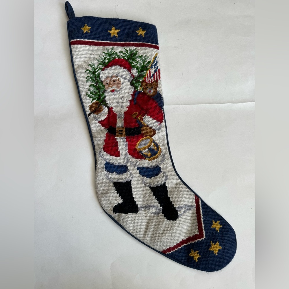 VTG Needlepoint Stocking Christmas Santa American Red White Blue Patriotic USA